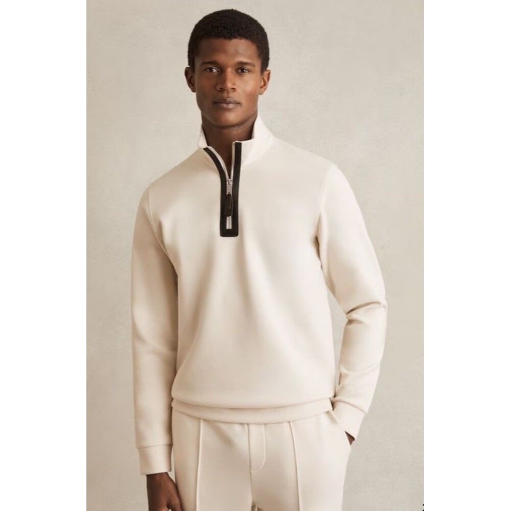 Reiss Hale Leather-Placket Interlock Men’s Sweatshirt Off White Sz XL Fits Slim
